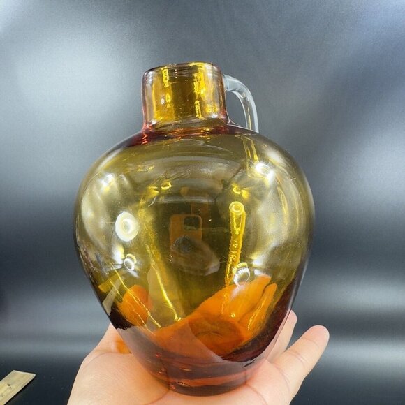 Vintage Hand Blown Amber Glass Jug Decanter Vase With Clear Applied Handle Glass - Picture 11 of 16